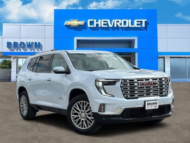 2026 GMC Acadia Denali in Glacier White Tricoat — front three-quarter view